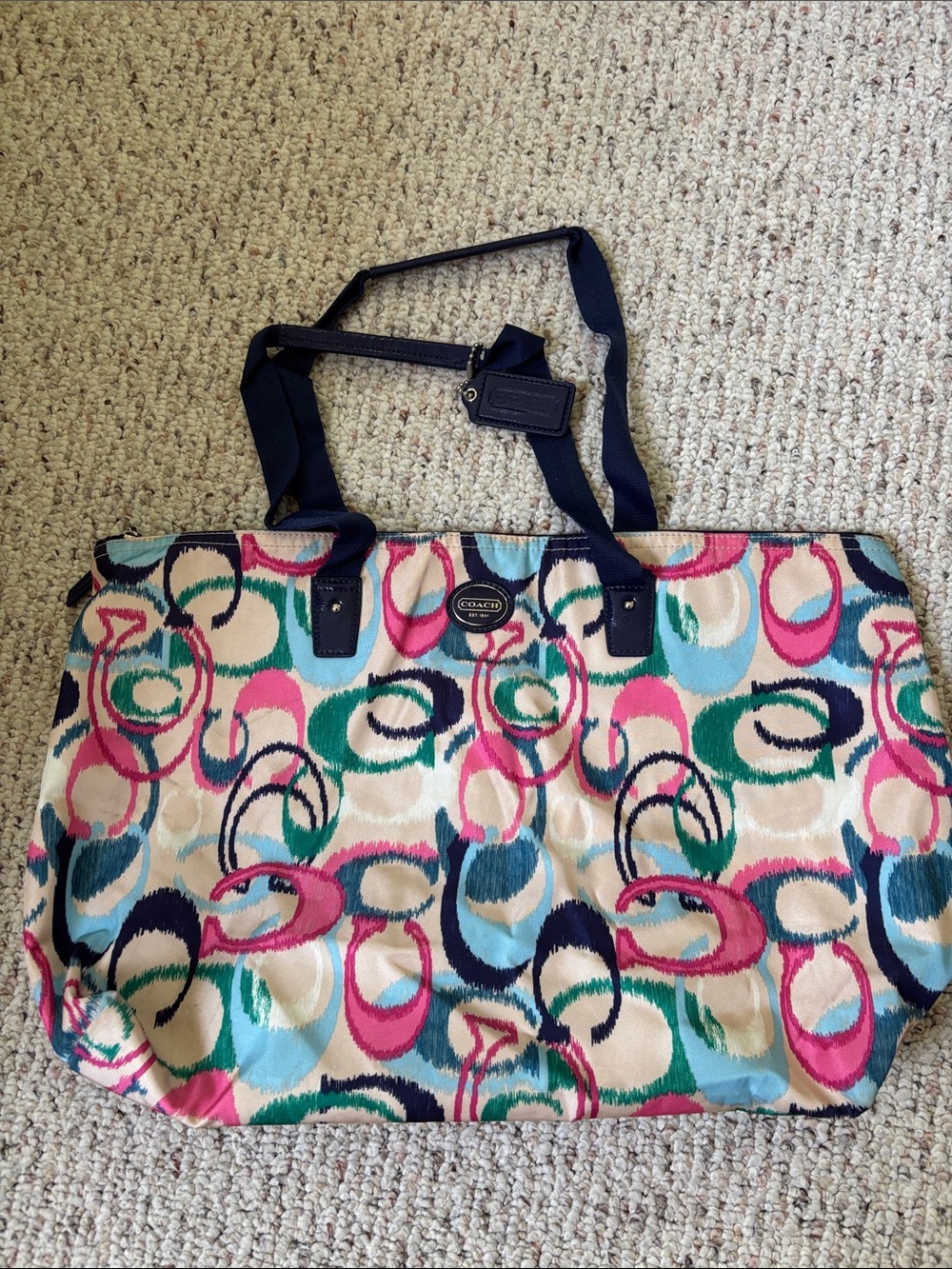 Coach Multicolor Pink Teal Navy Ring-Print Tote